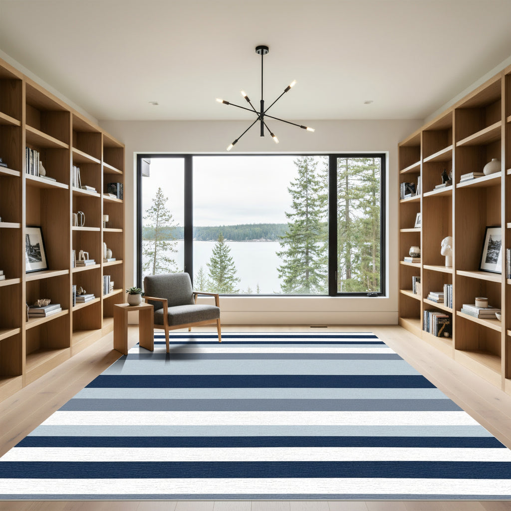 Navy Blue Gray White Stripe Rug