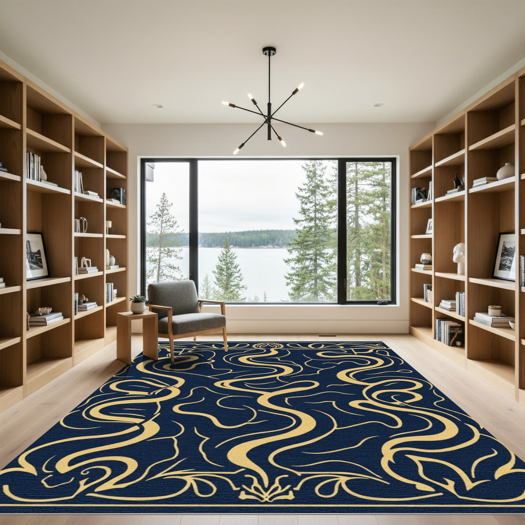 Navy Gold Art Nouveau Swirl Rug
