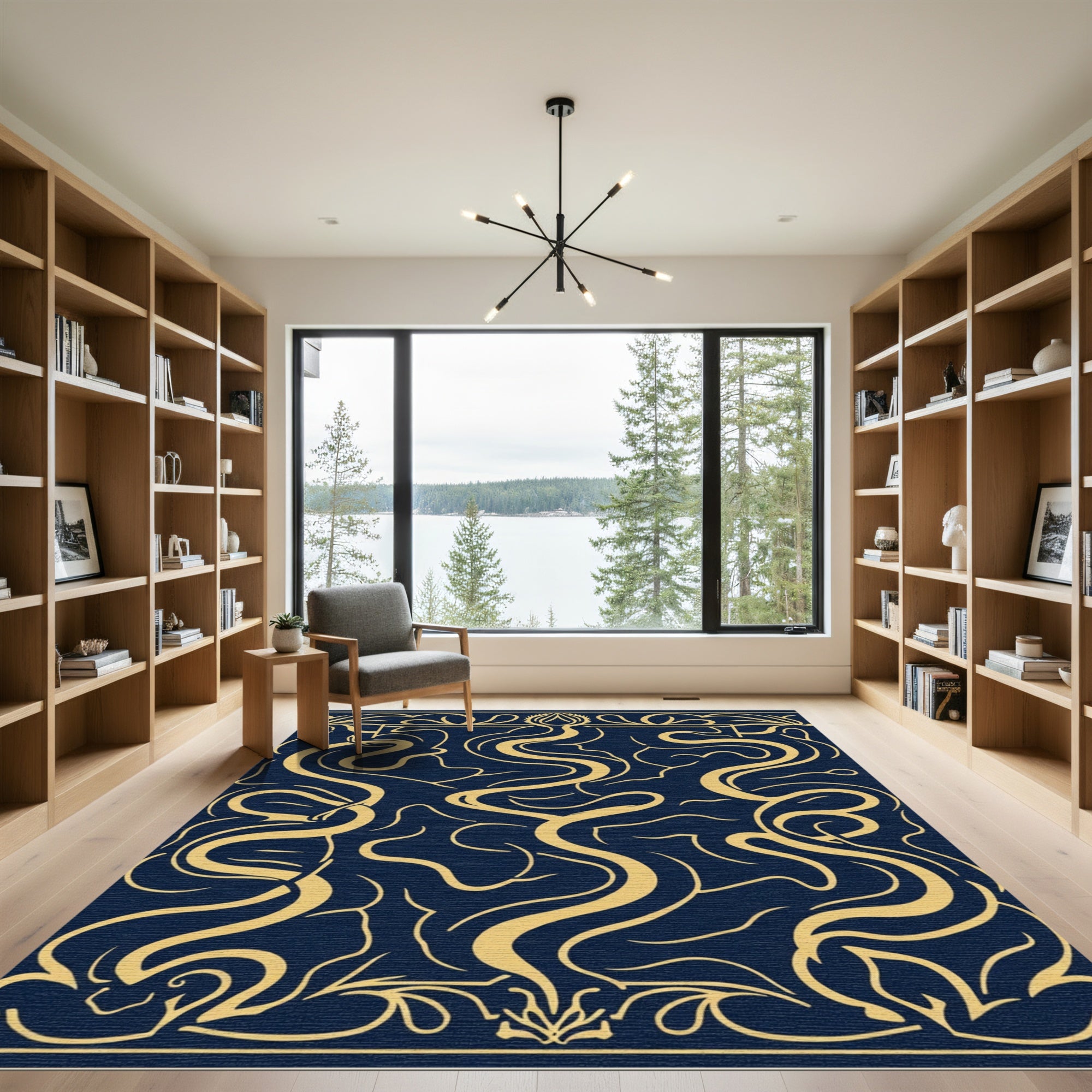 Navy Gold Art Nouveau Swirl Rug
