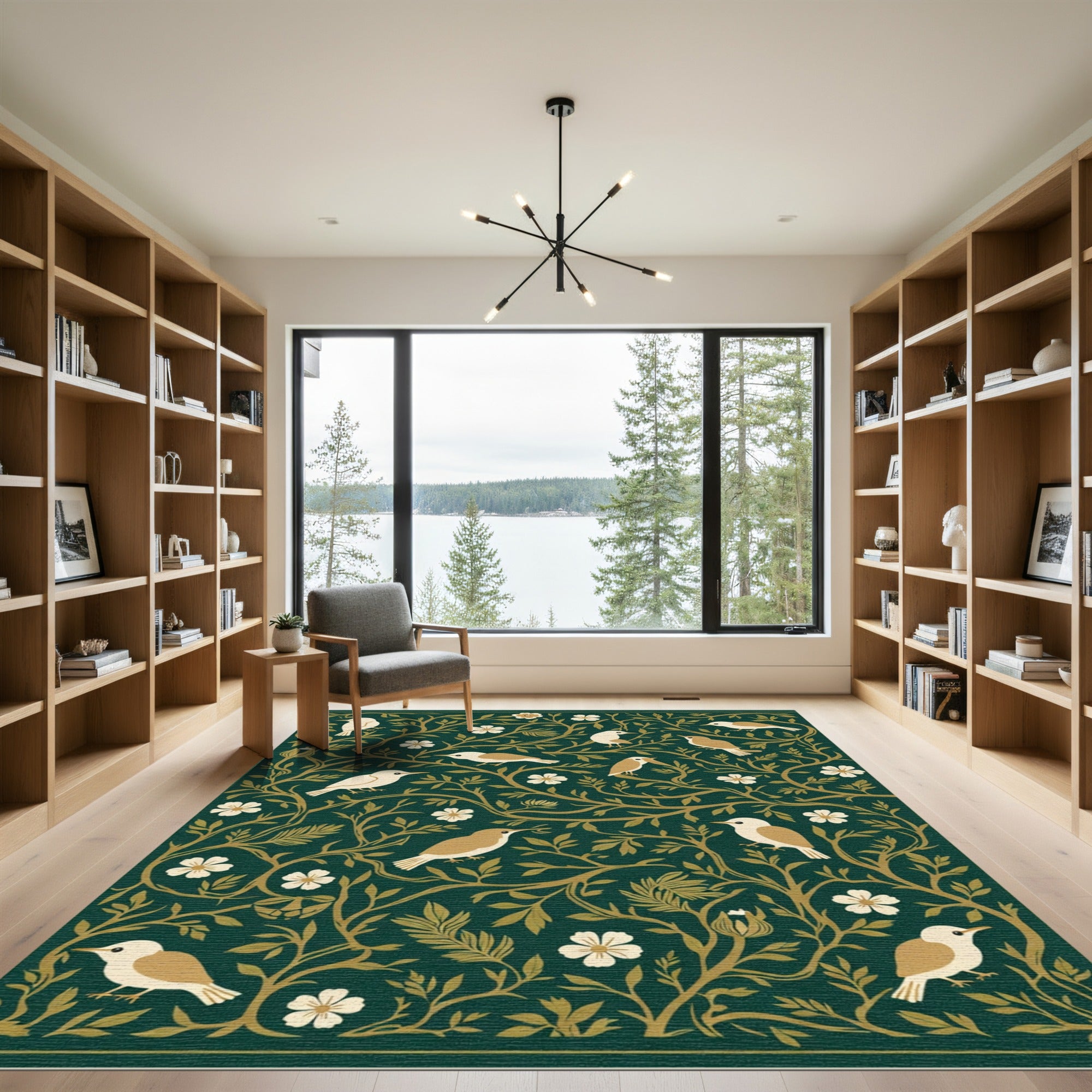 Dark Green Botanical Birds Floral Rug