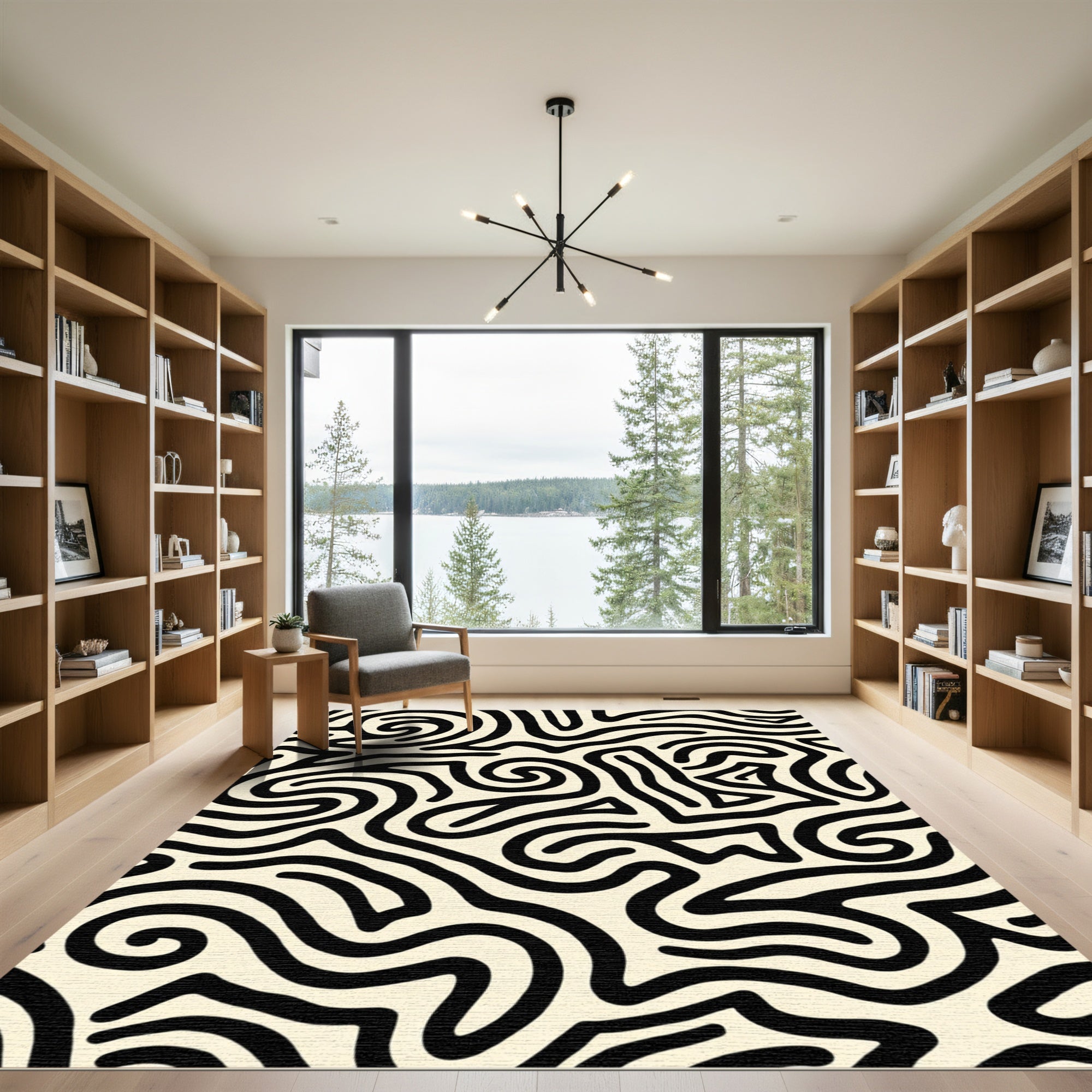 Black Off White Swirling Maze Rug