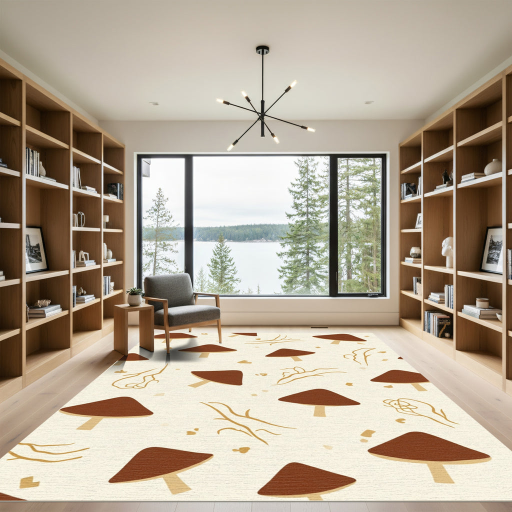 Earthy Mushroom Forest Line Drawing Rug