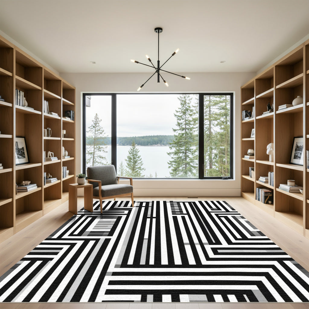 Bold Black White Geometric Path Rug