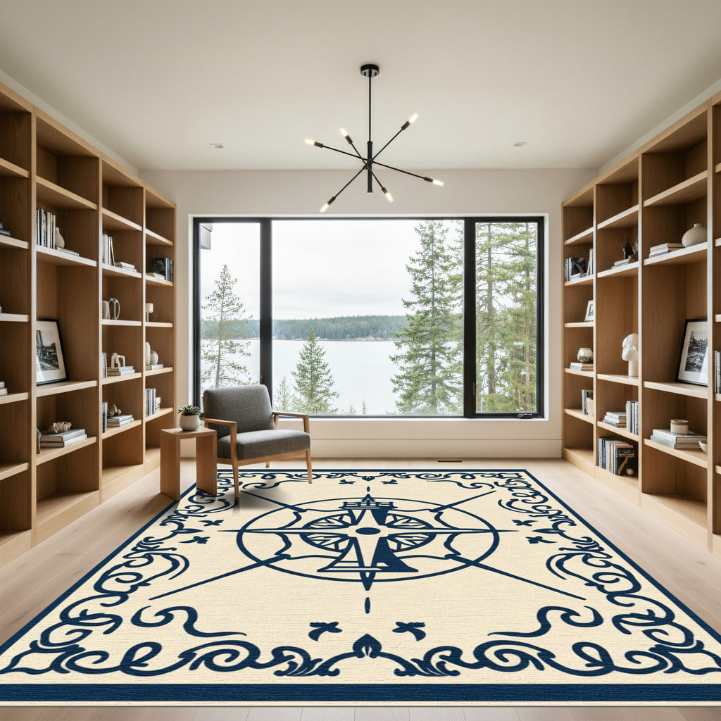 Navy Compass Rose Scrollwork Medallion Rug