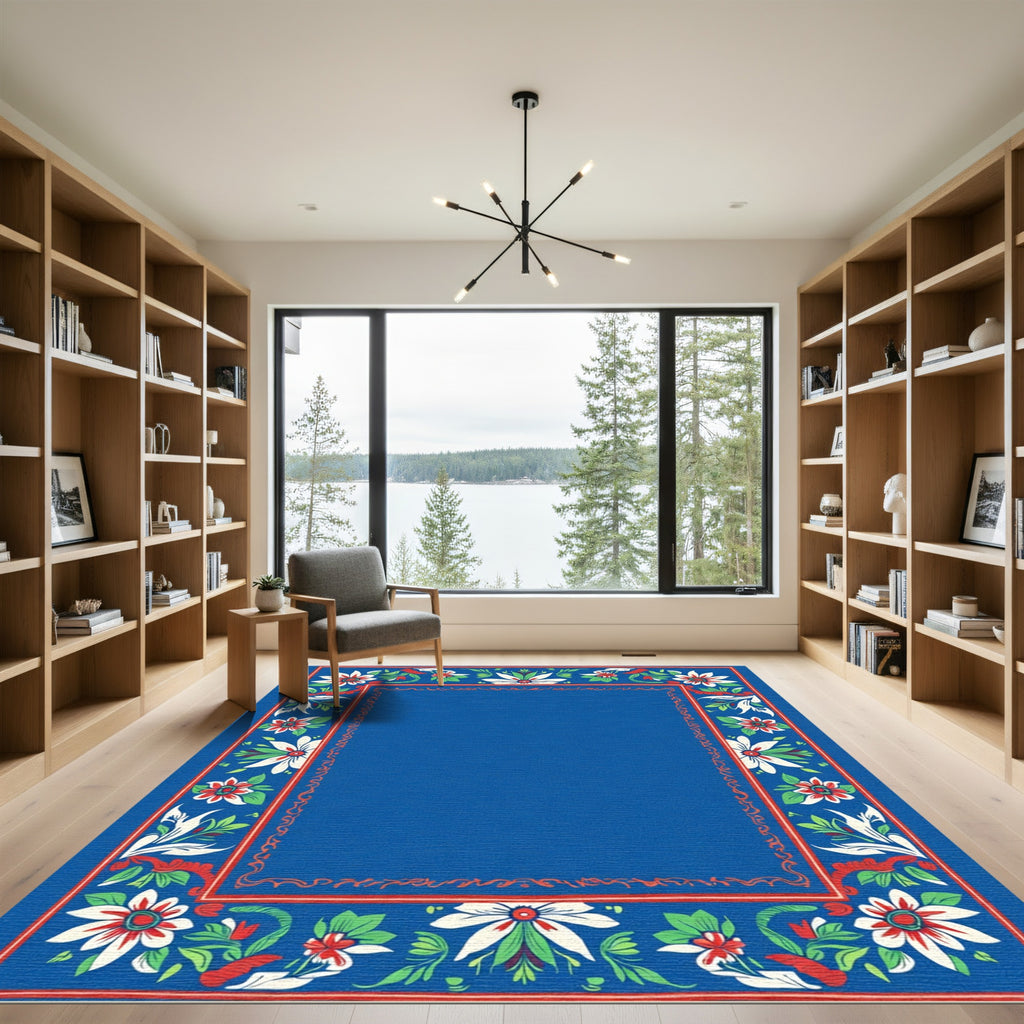 Classic Blue Floral Botanical Border Rug