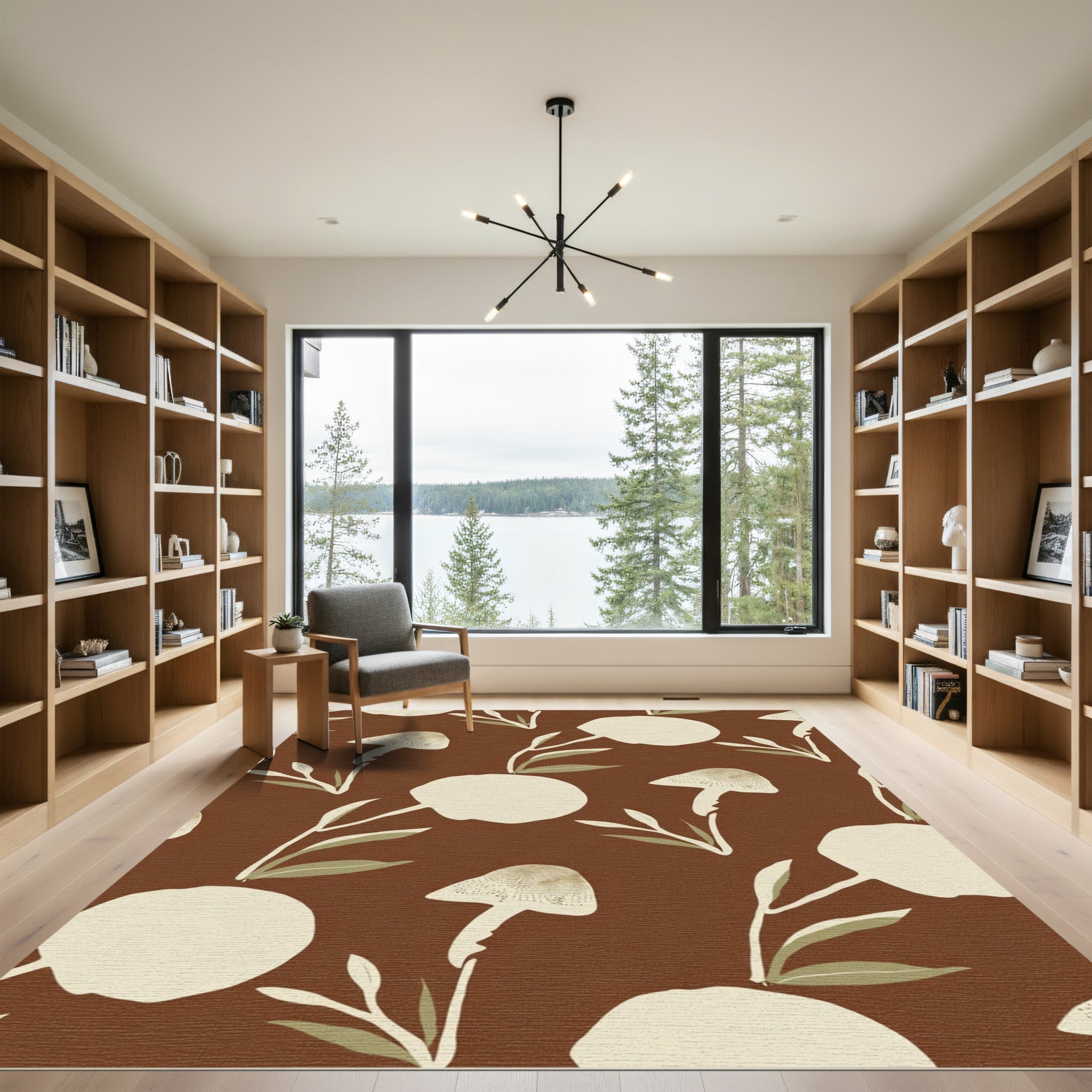 Earthy Mushroom Leafy Branch Composition Rug