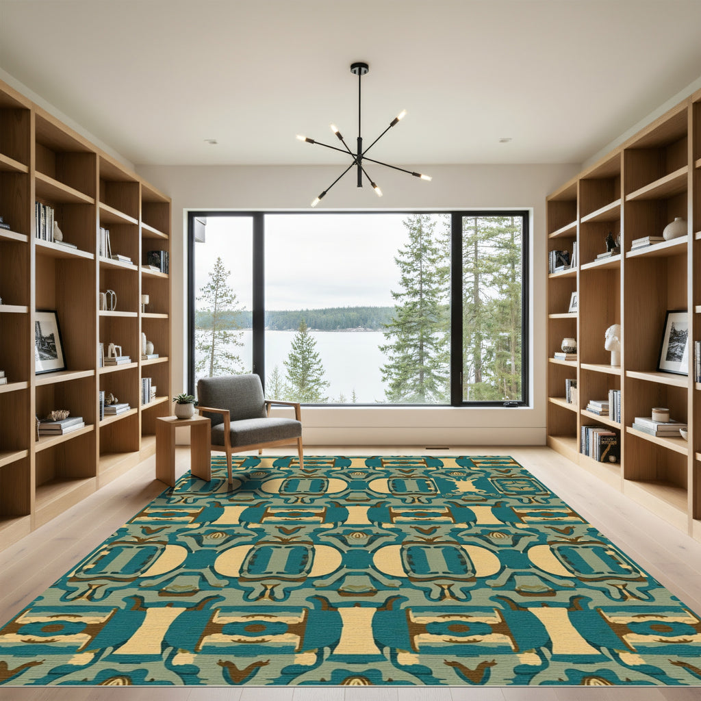 Abstract Teal Tan Geometric Collage Texture Rug