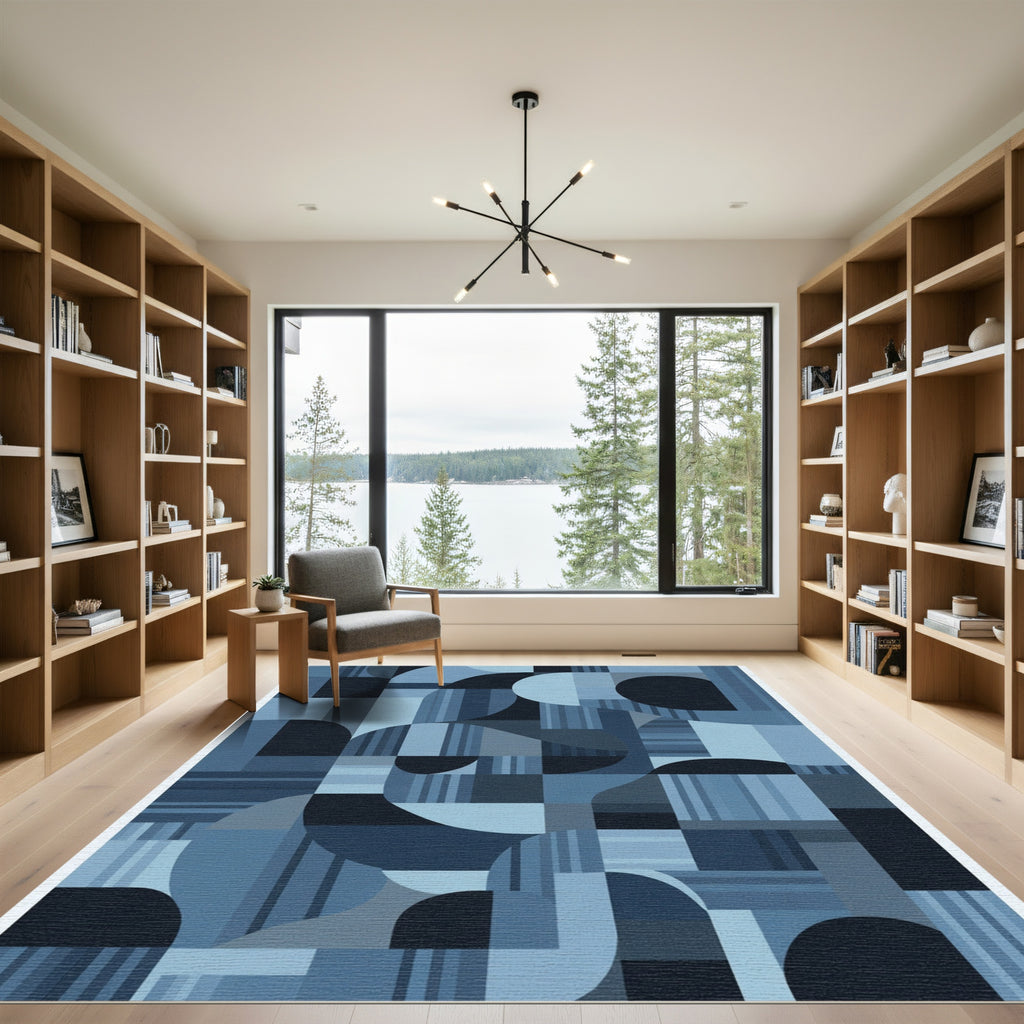 Cool Blue Abstract Geometric Harmony Rug