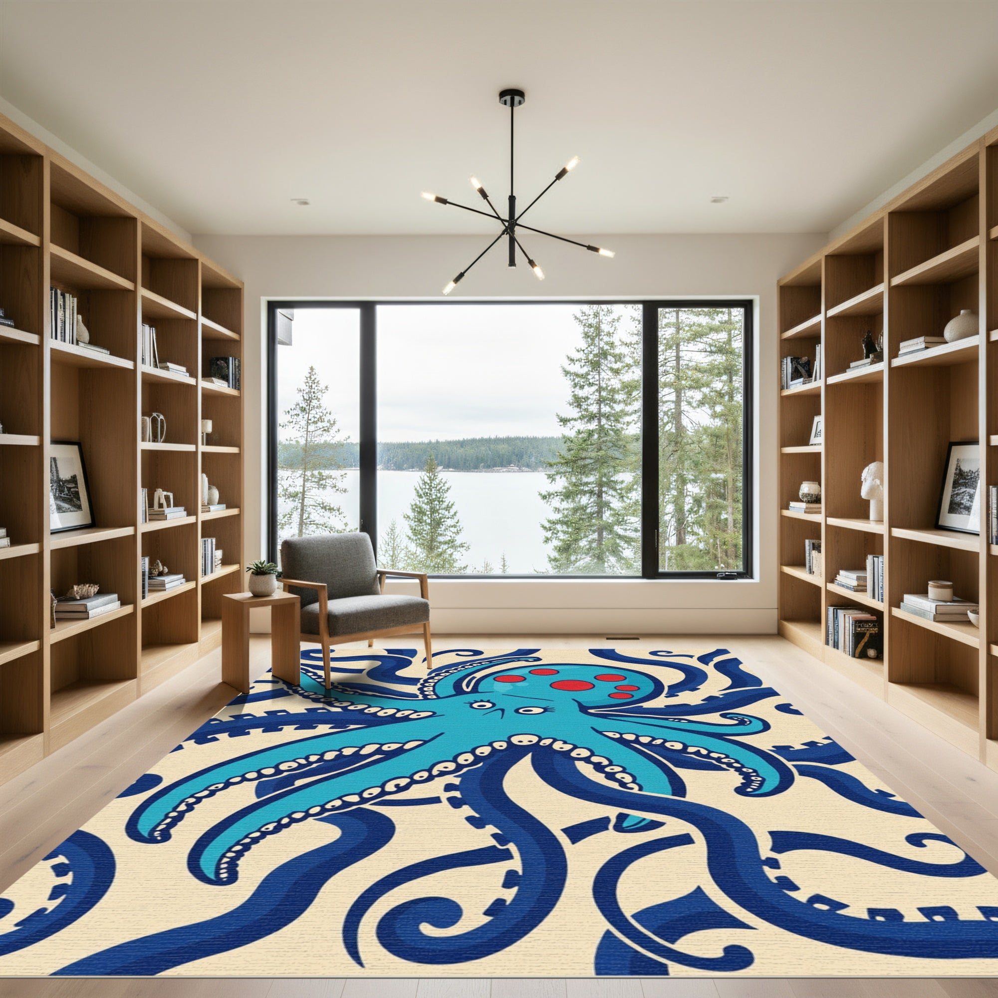 Blue Octopus Red Polka Dot Waves Rug