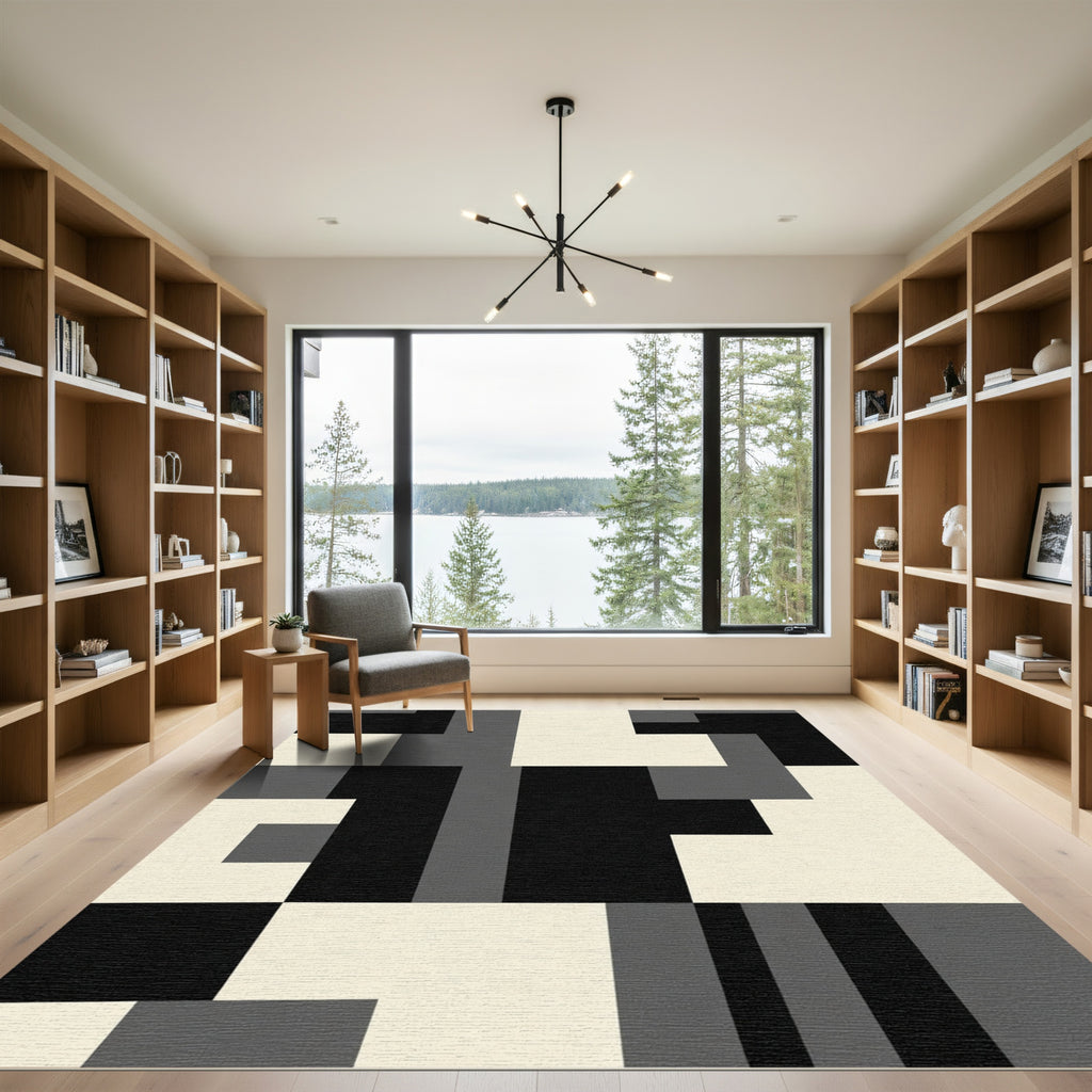 Monochrome Geometric Blocks Contemporary Rug
