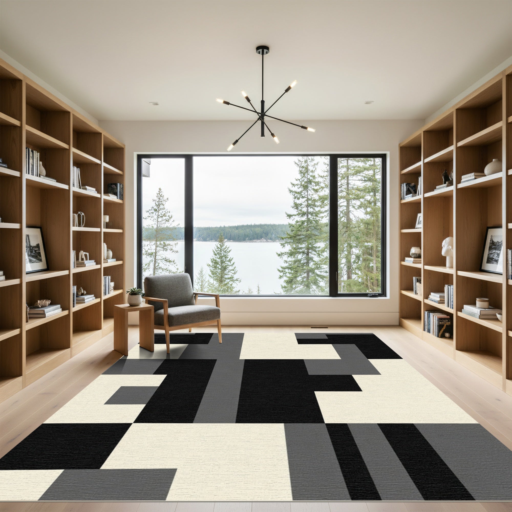Monochrome Geometric Blocks Contemporary Rug