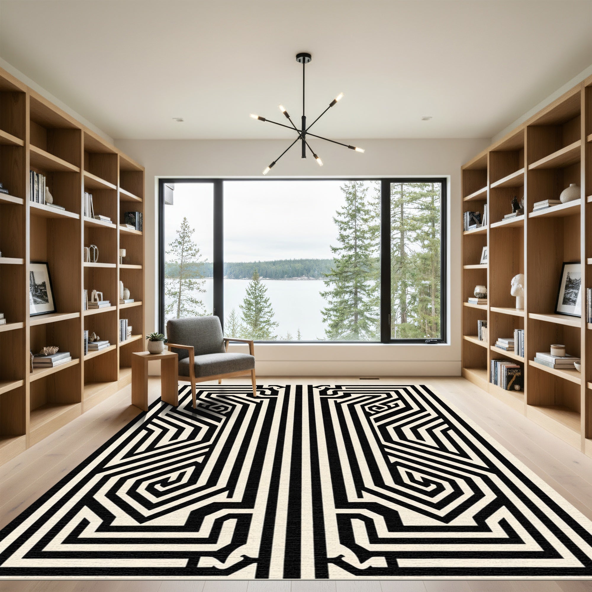 Black and Cream Abstract Geometric Maze Rug