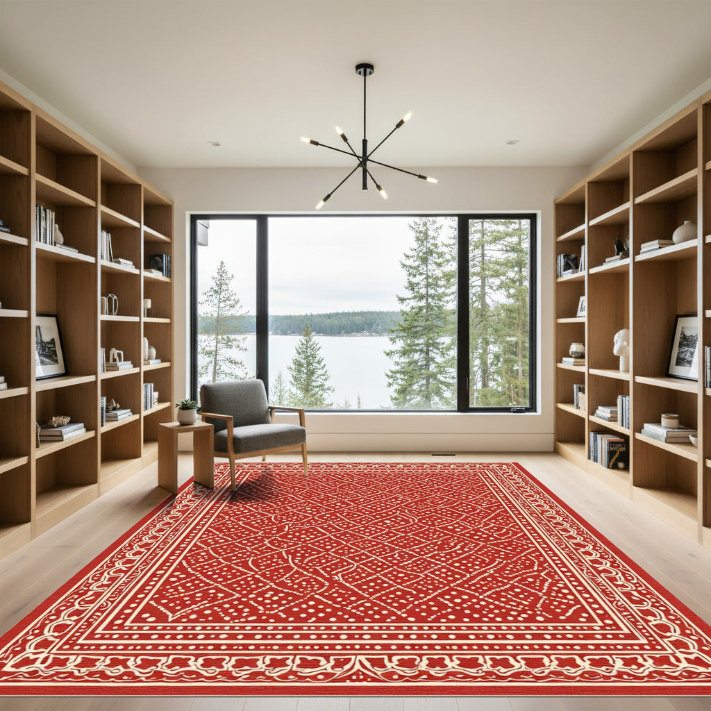 Crimson White Contemporary Lattice Garden Rug