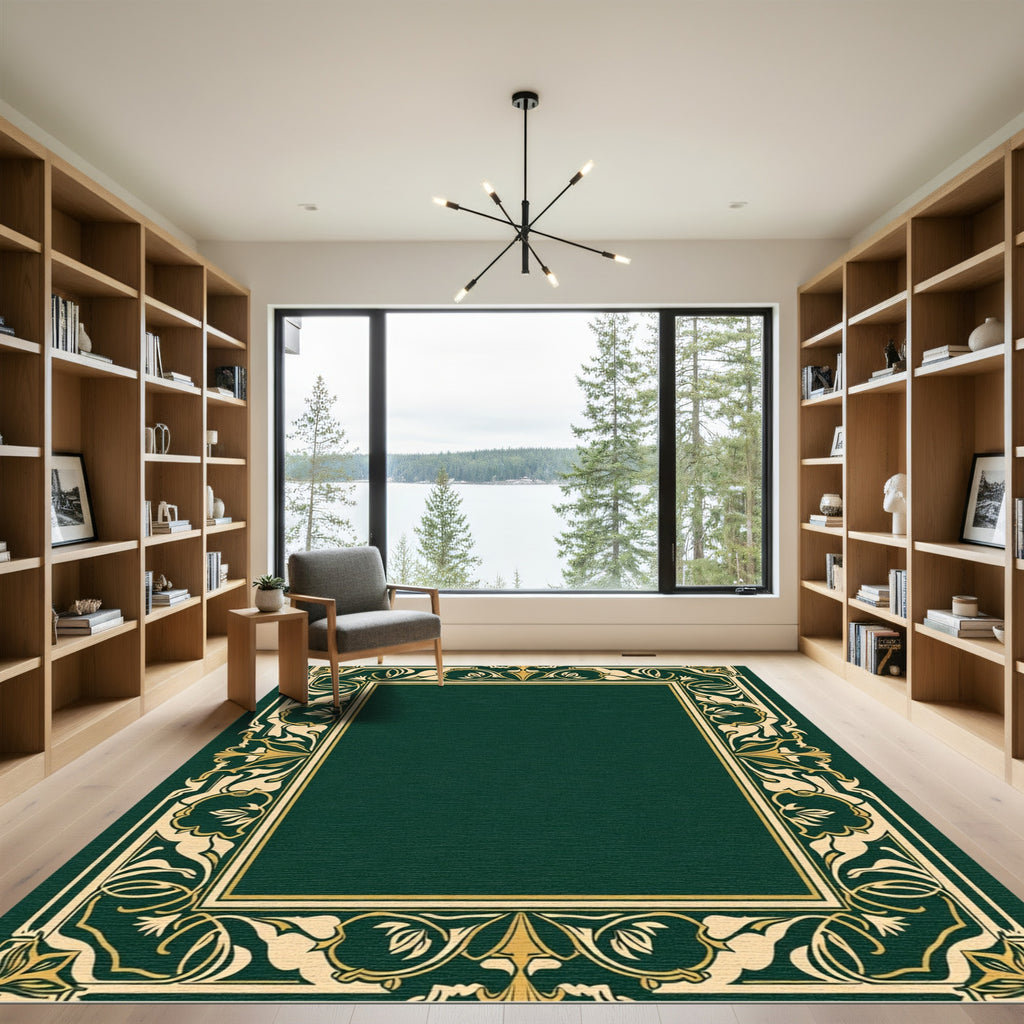 Green Gold Art Nouveau Floral Border Rug