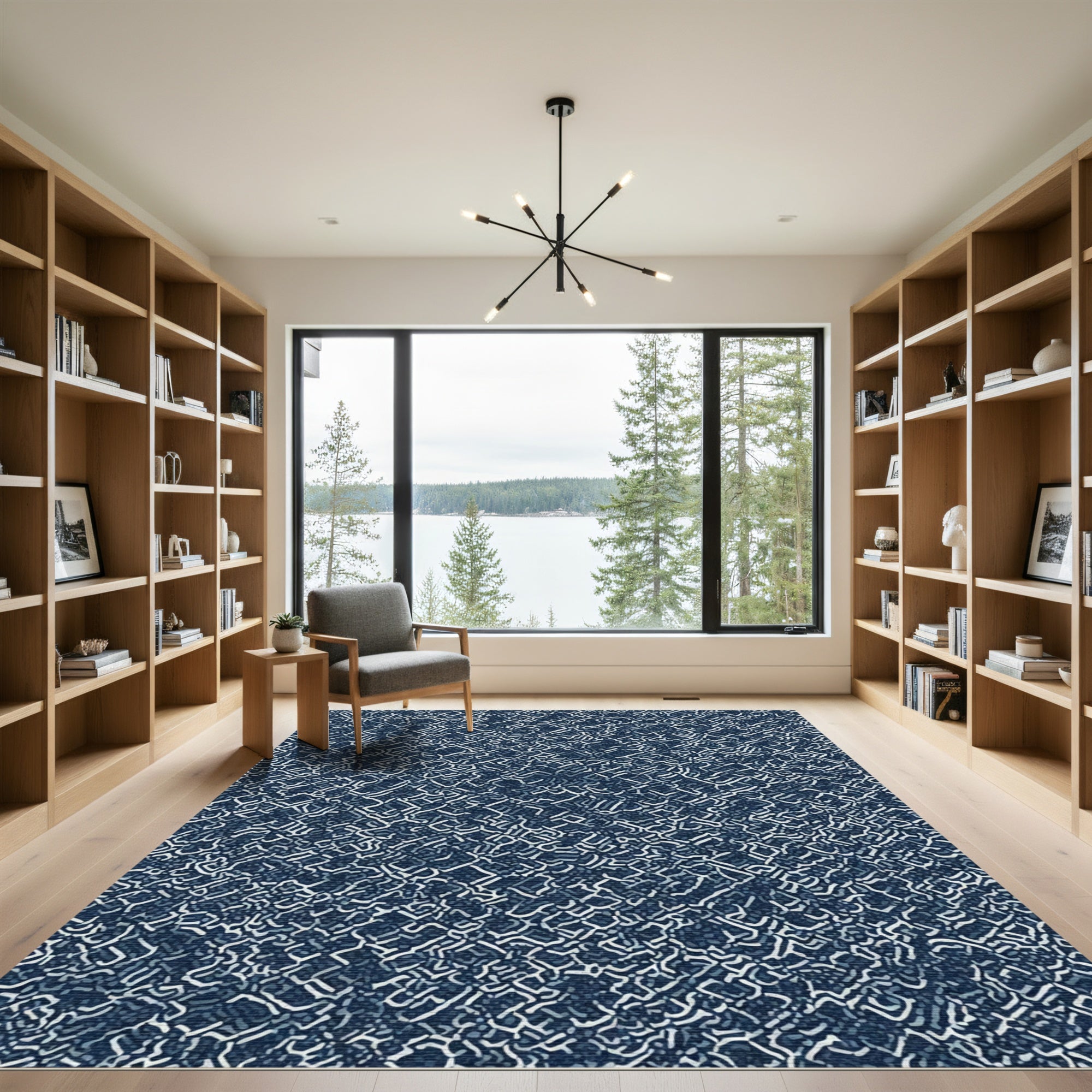 Deep Blue White Intersecting Lines Rug
