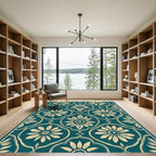 Teal Cream Floral Medallion Frame Rug