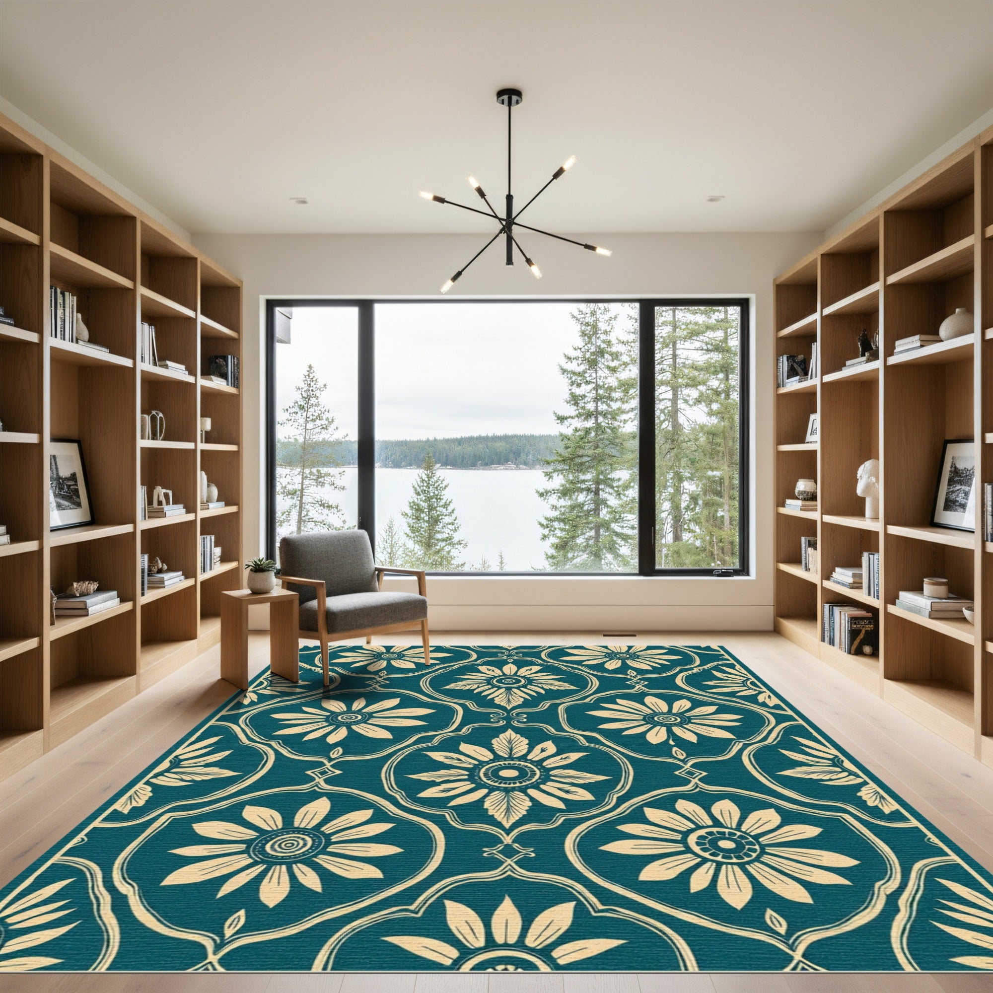 Teal Cream Floral Medallion Frame Rug