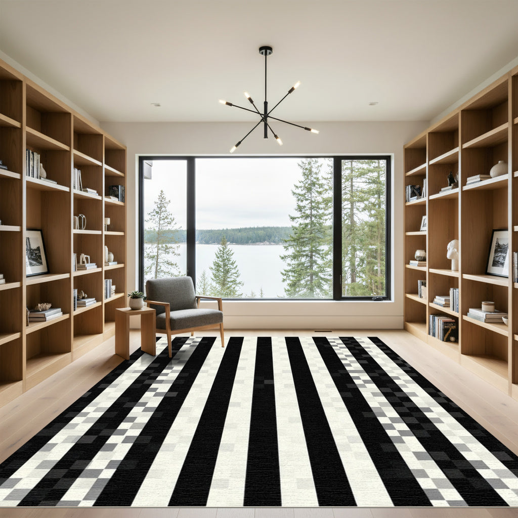 Bold Black White Striped Glitch Rug