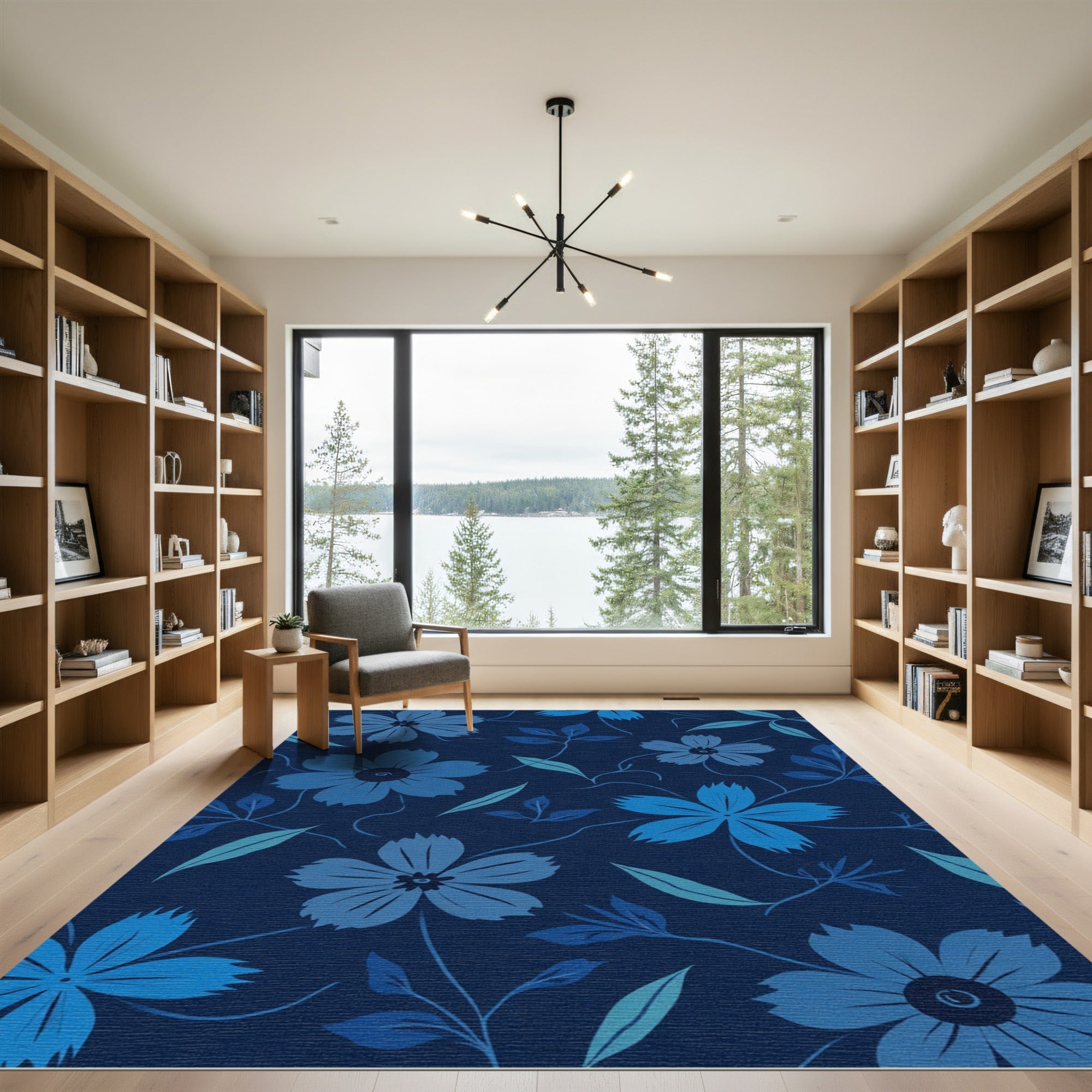 Classic Blue Floral Vine Arrangement Rug