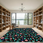 Coral Teal Pink Floral Tropical Black Rug