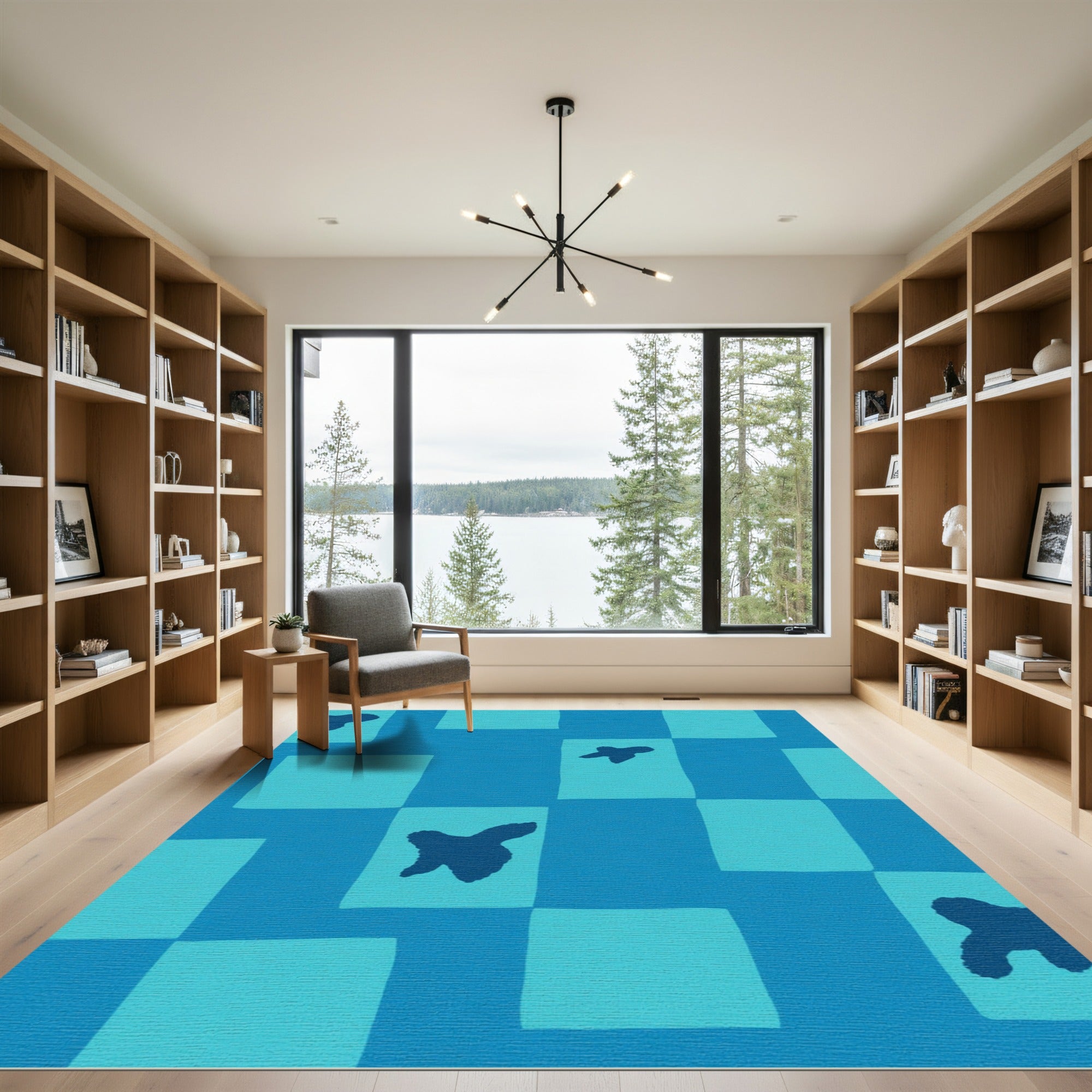 Blue Flying Birds Checkerboard Rug