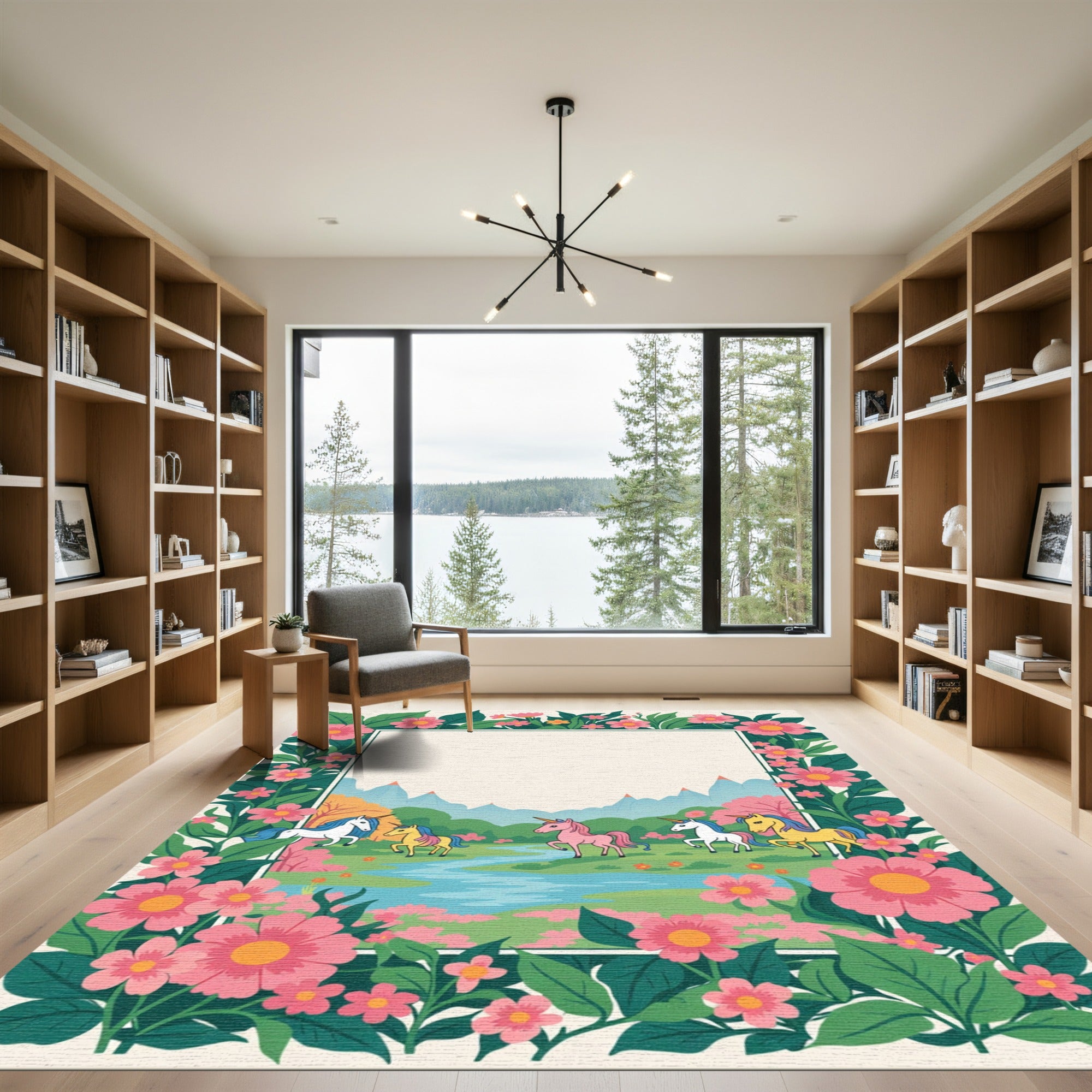 Whimsical Unicorn Meadow Floral Border Rug