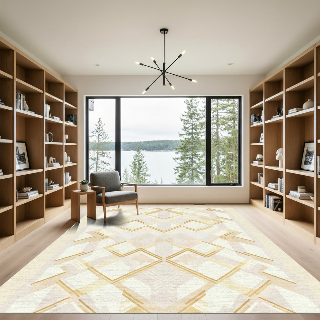 Elegant Gold Geometric Diamond Overlay Rug
