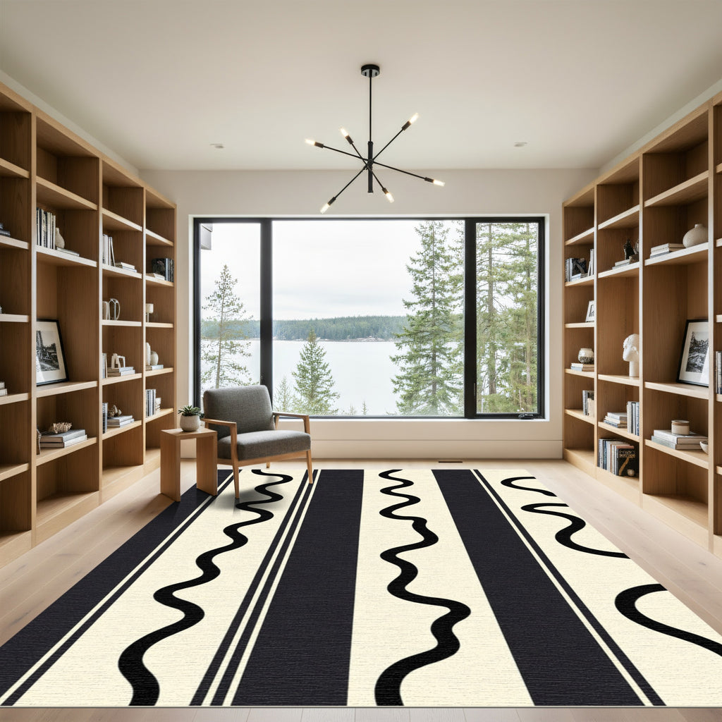Cream Black Wavy Stripe Rug