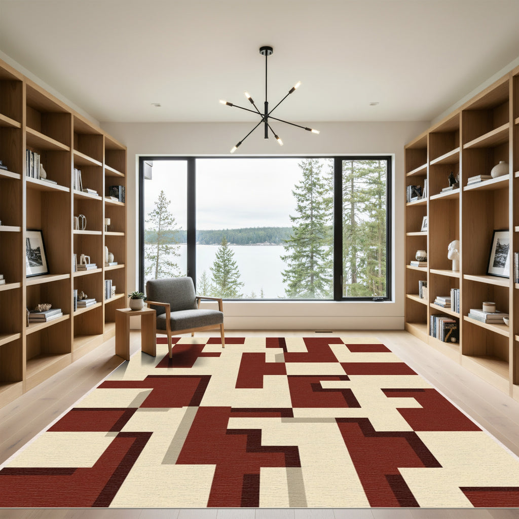Crimson Cream Geometric Maze Rug