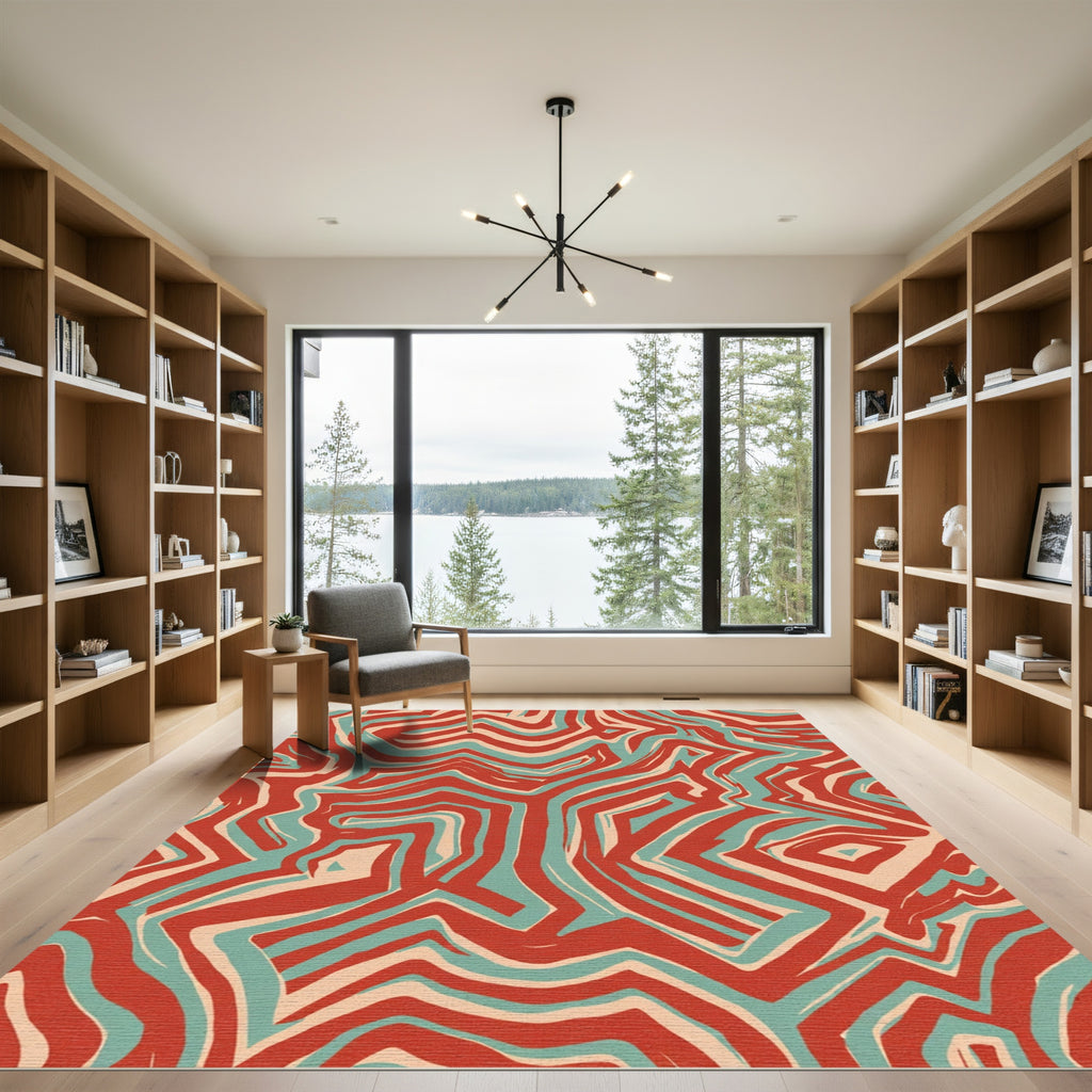 Red Teal Abstract Swirl Rug