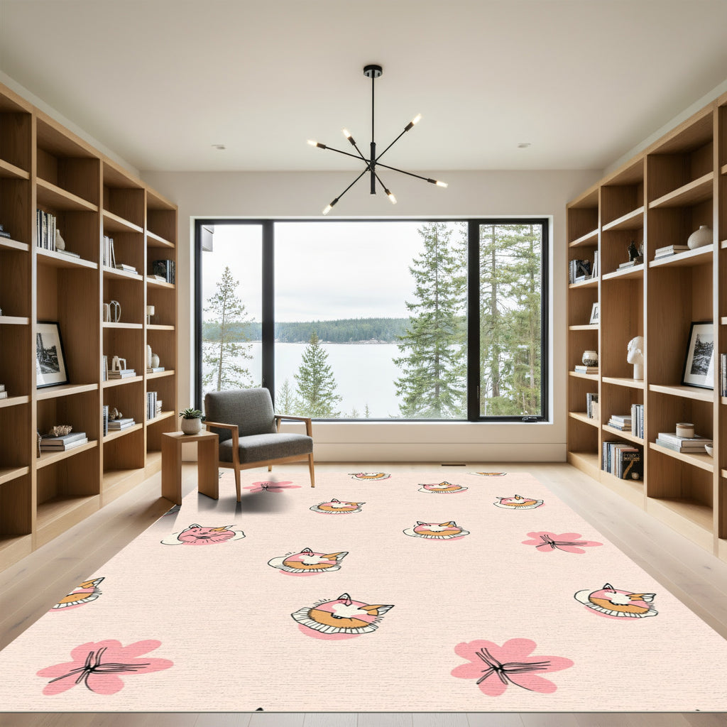 Pink Floral Cat Faces Rug