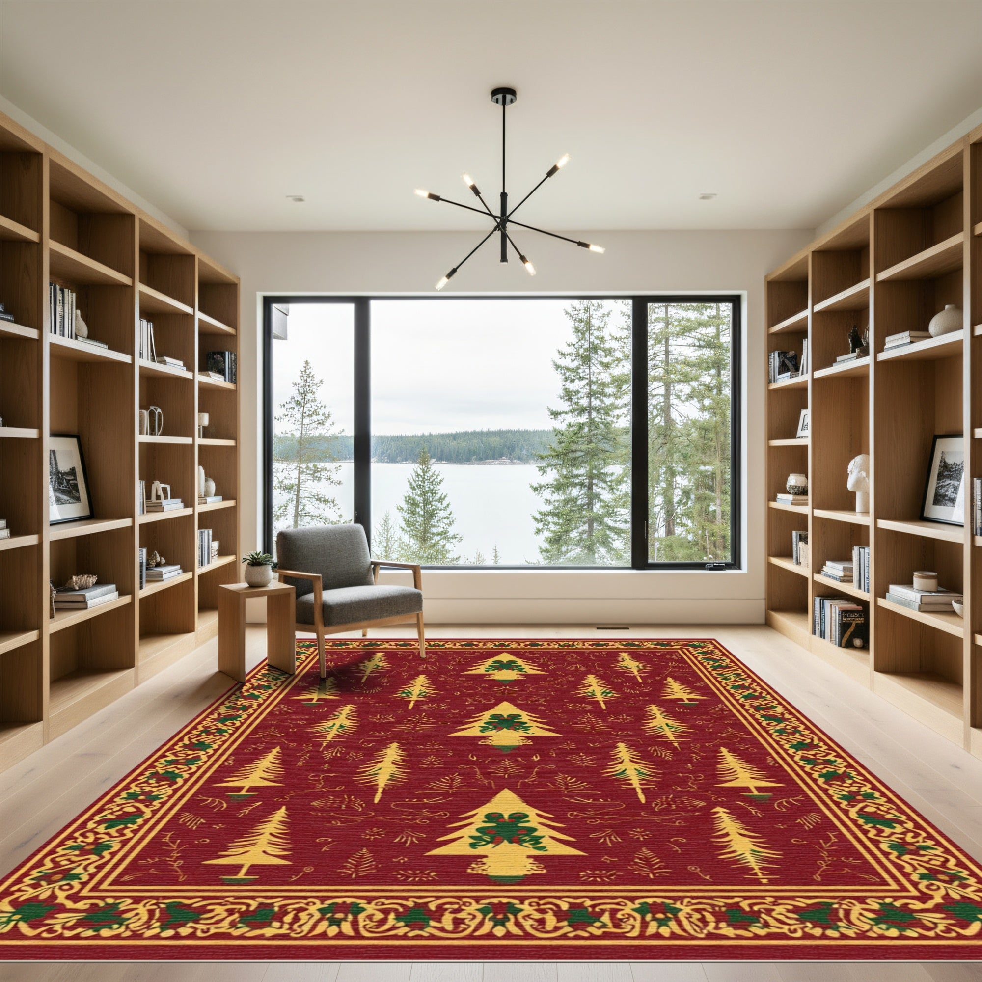 Festive Red Pine Forest Border Rug