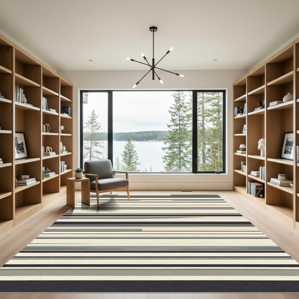 Modern Cream Black Horizontal Stripe Rug