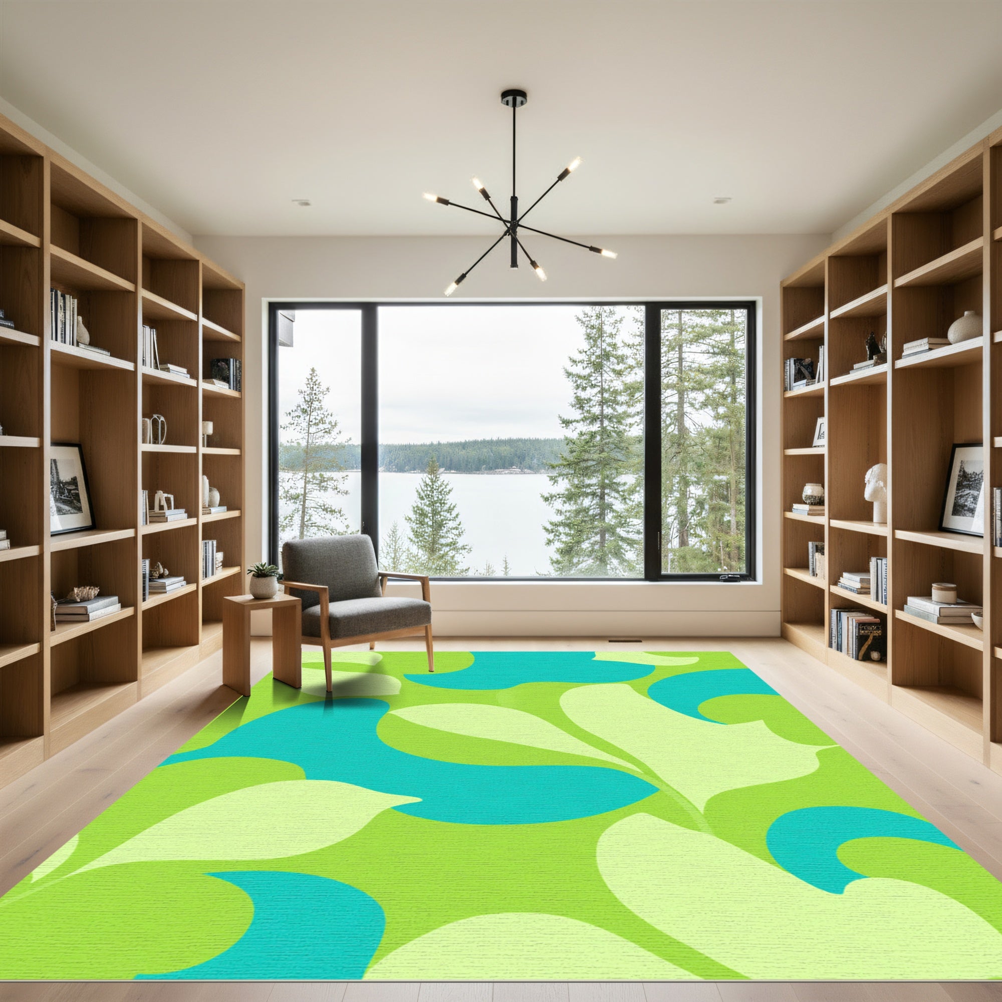 Green Teal Abstract Leaf Swirl Rug