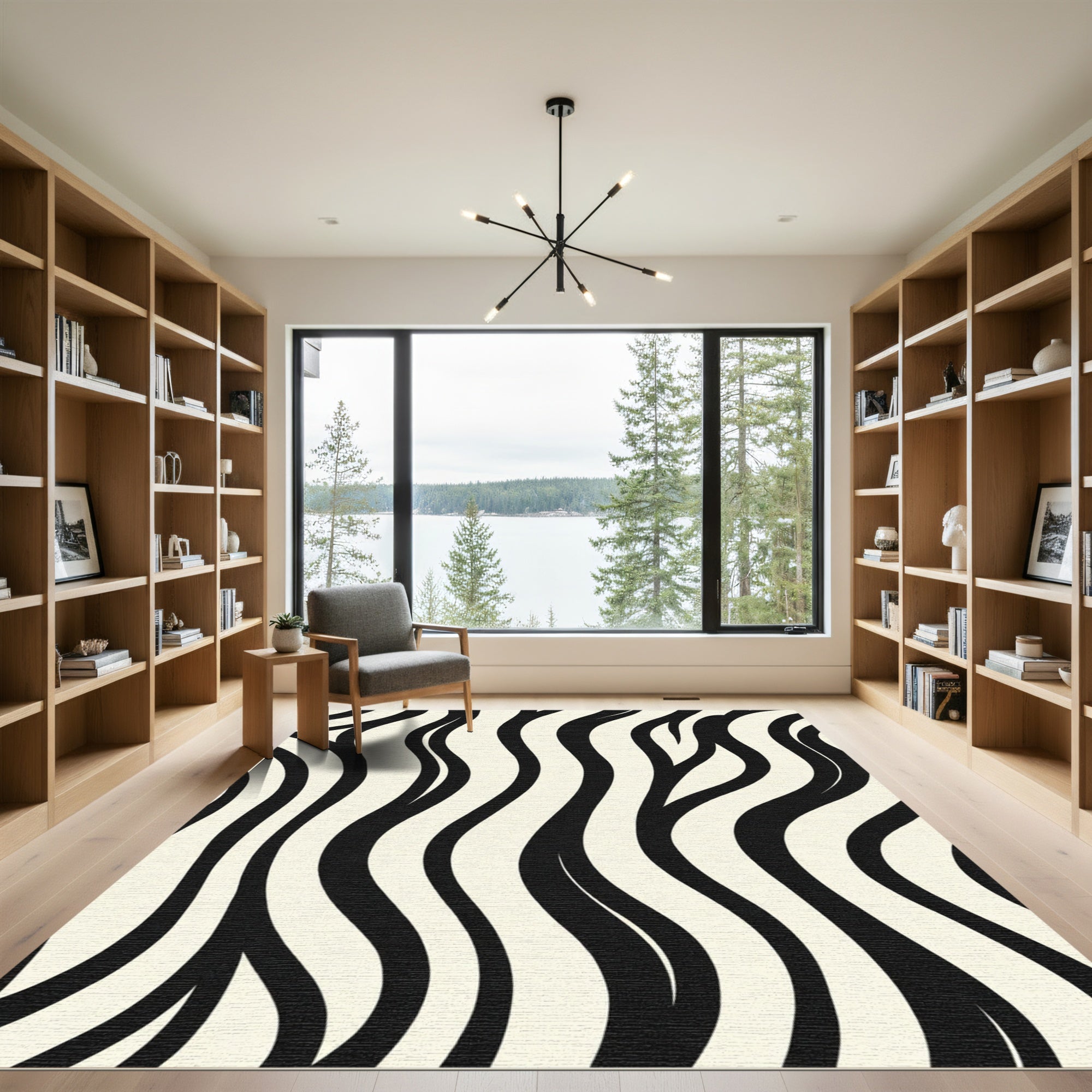 Modern Black Cream Wavy Stripes Rug