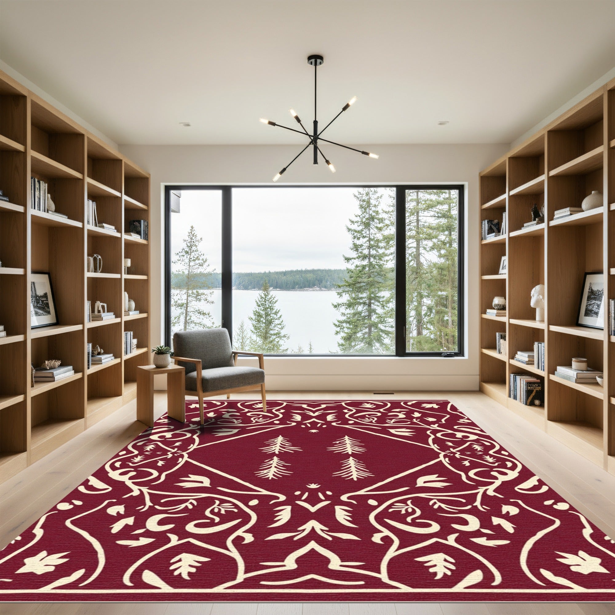 Crimson Floral Medallion Evergreen Trees Rug