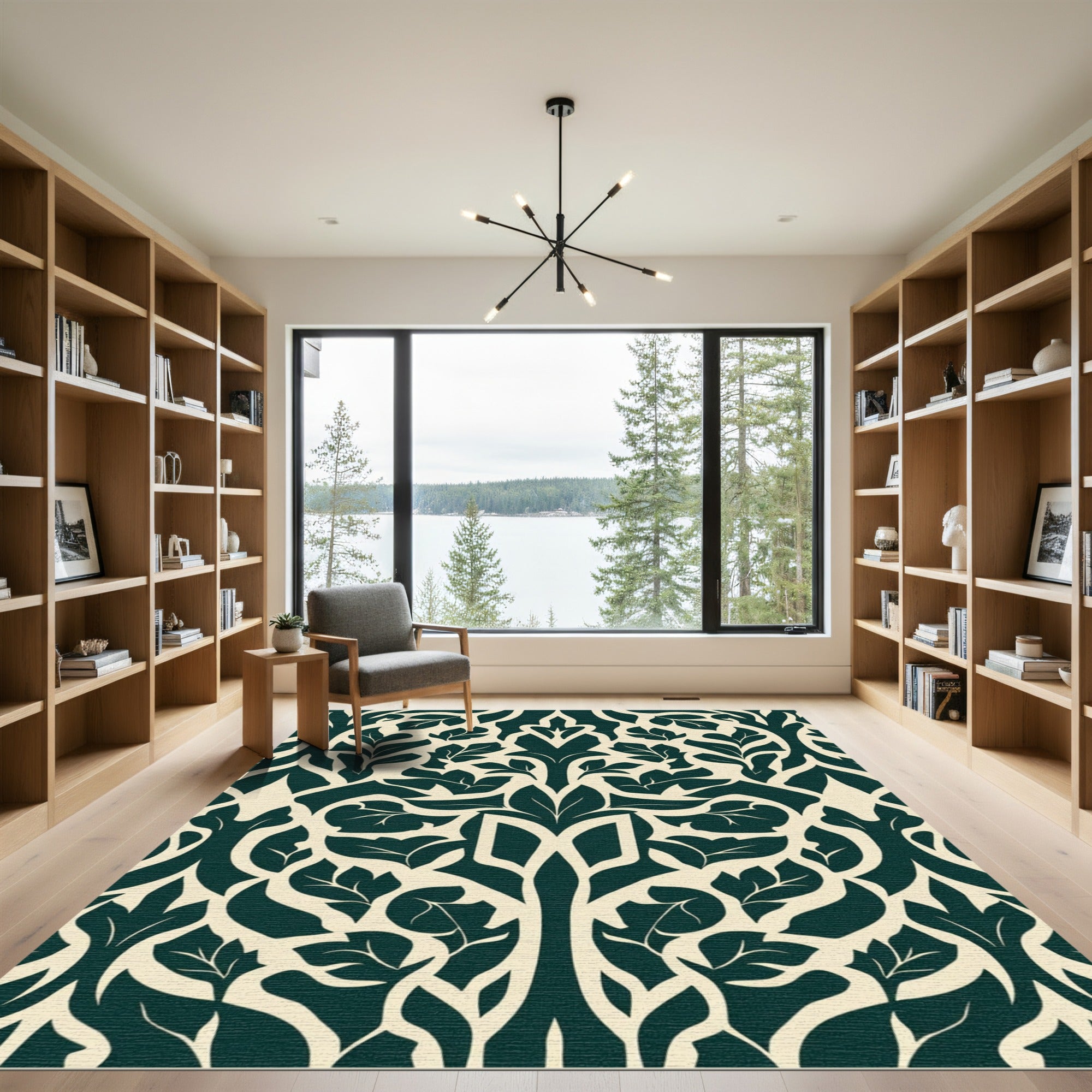 Dark Green Leafy Damask Scroll Rug