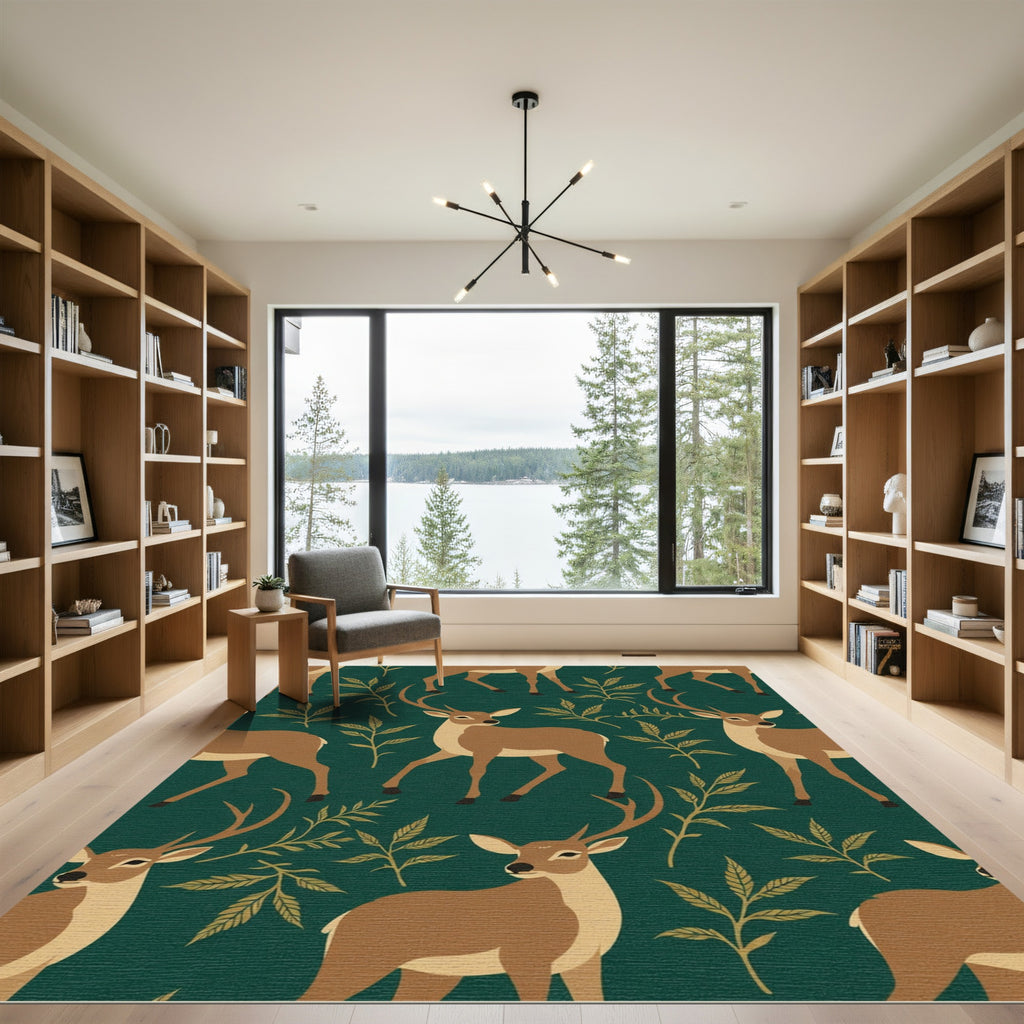 Brown Deer Green Forest Foliage Rug