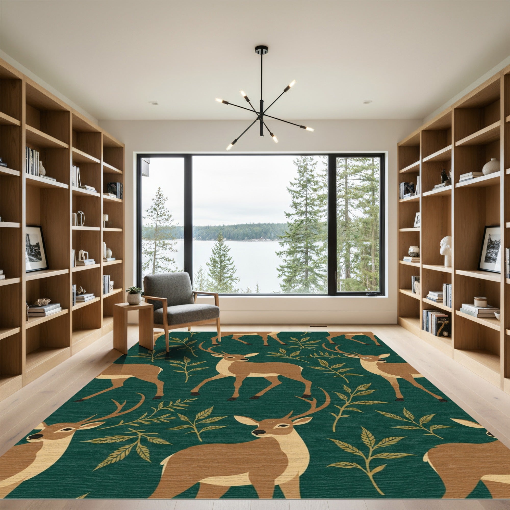 Brown Deer Green Forest Foliage Rug