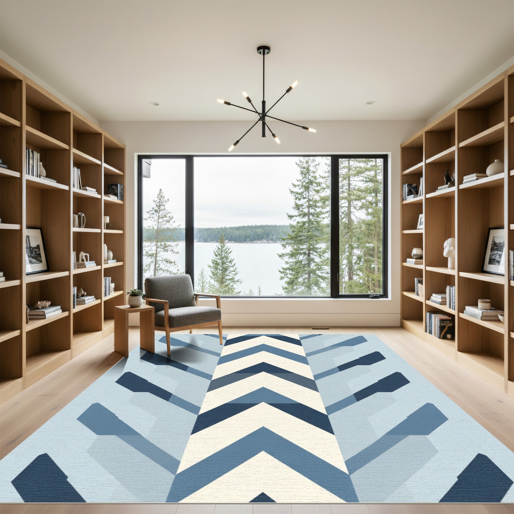 Modern Blue Chevron Block Rug