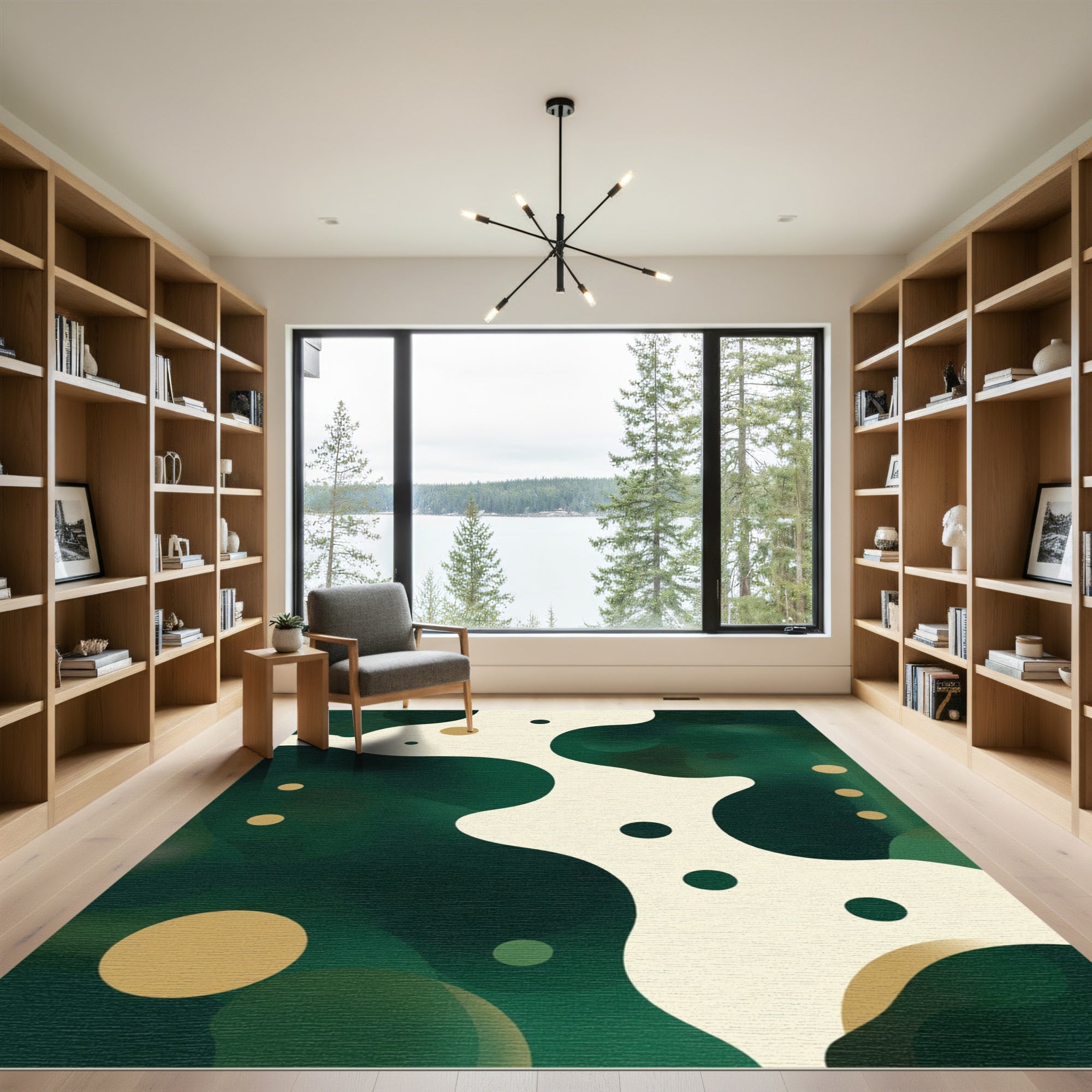 Abstract Green Cream Gold Dots Rug