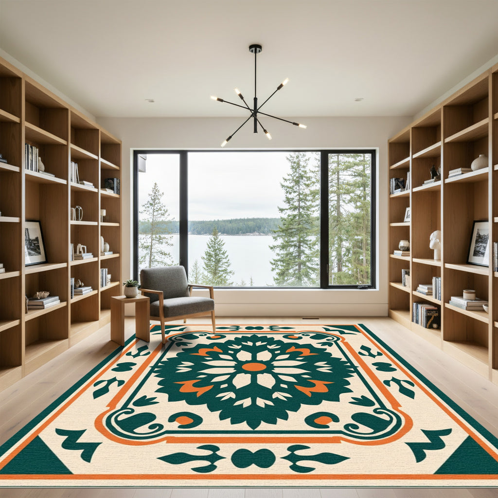 Deep Teal Orange Floral Medallion Rug