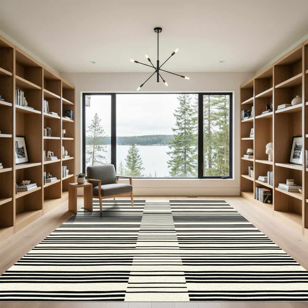 Modern Black Cream Linear Stripe Rug