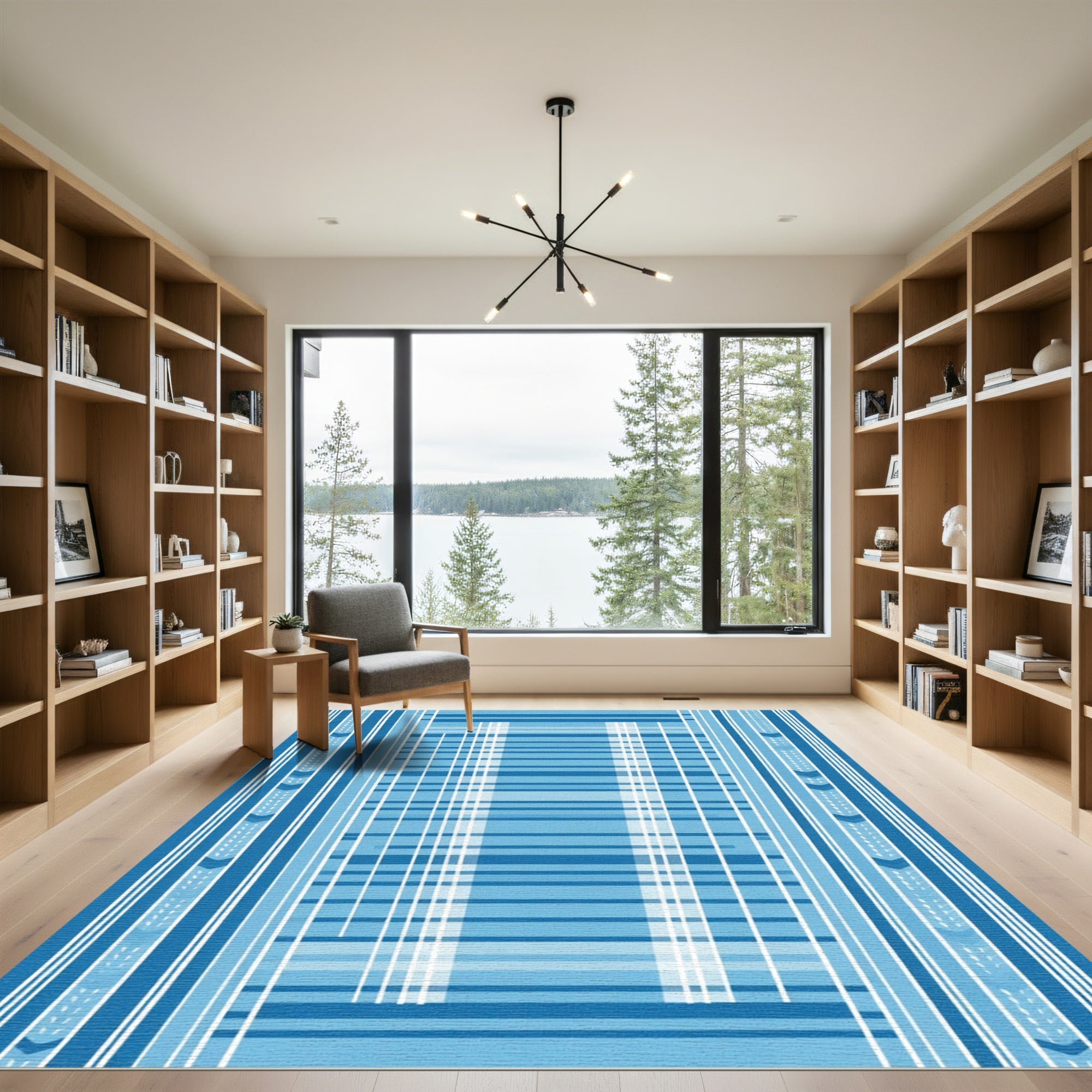 Blue Tonal Geometric Striped Rug