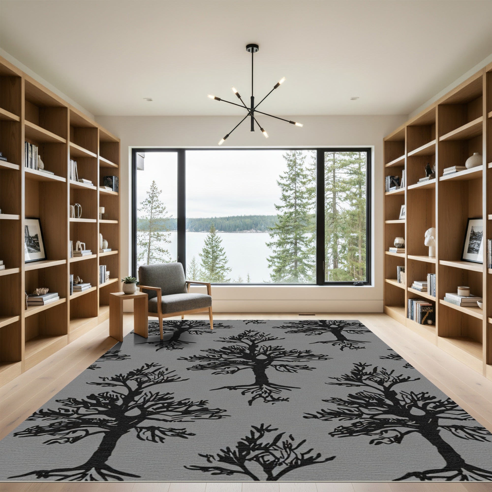 Black bare trees with roots motif Rug