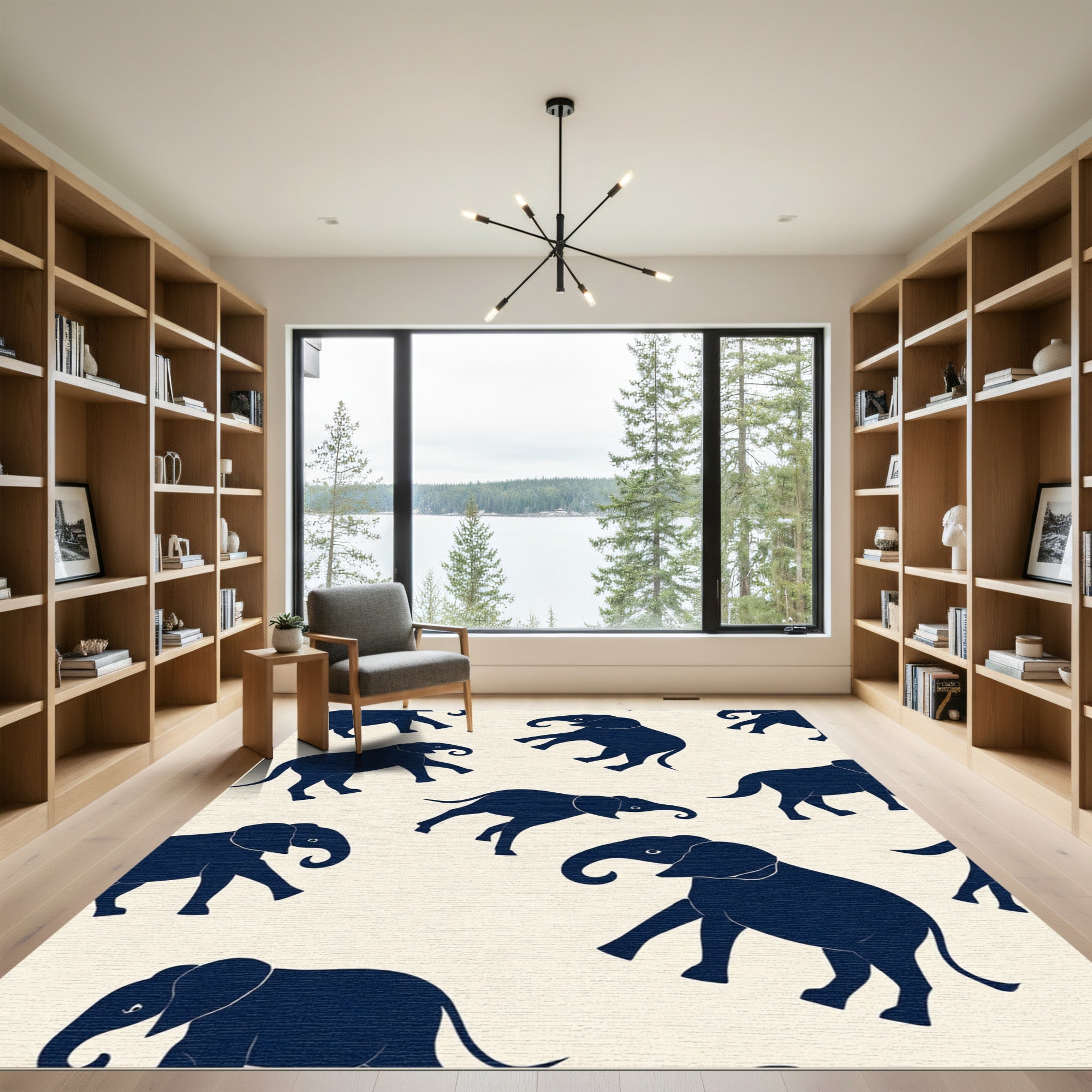 Navy Blue Elephant Silhouette Repeat Rug