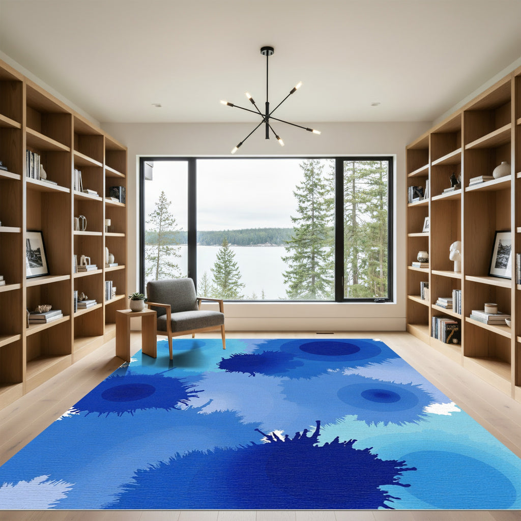 Deep Blue Ink Splatter Circles Rug