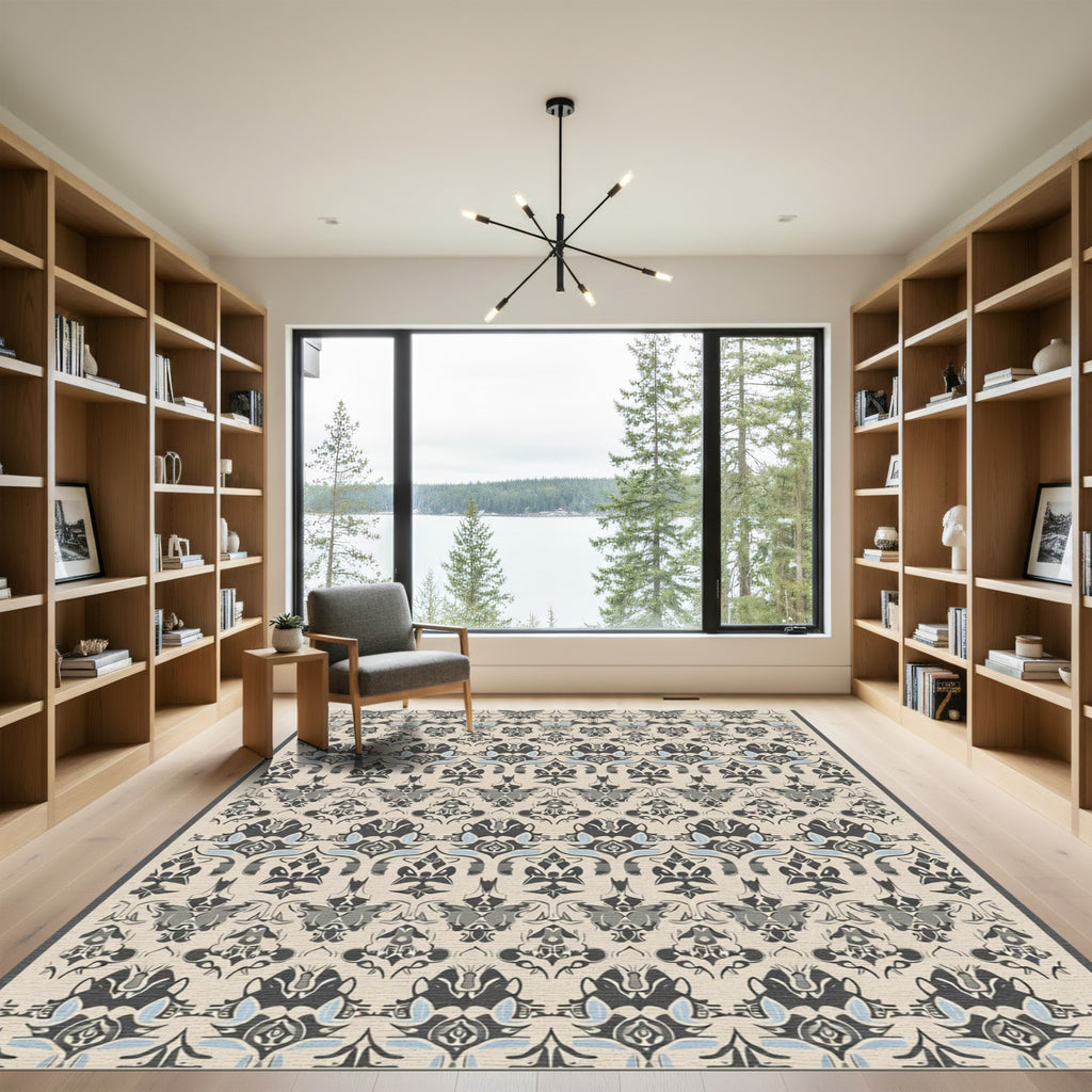 Neutral Gray Black Damask Floral Rug