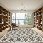 Neutral Gray Black Damask Floral Rug