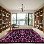 Vibrant Pink Floral Damask Black Rug